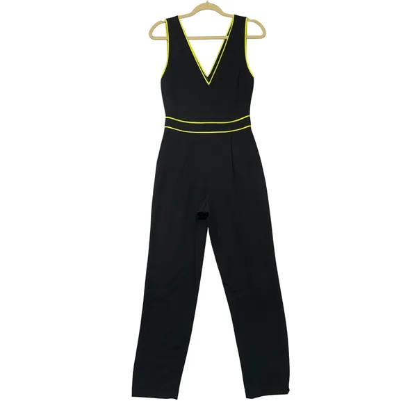 Alice + Olivia Black Neon Yellow‎ Piping V-Neck Sleeveless Jumpsuit Size 4 - Image 2