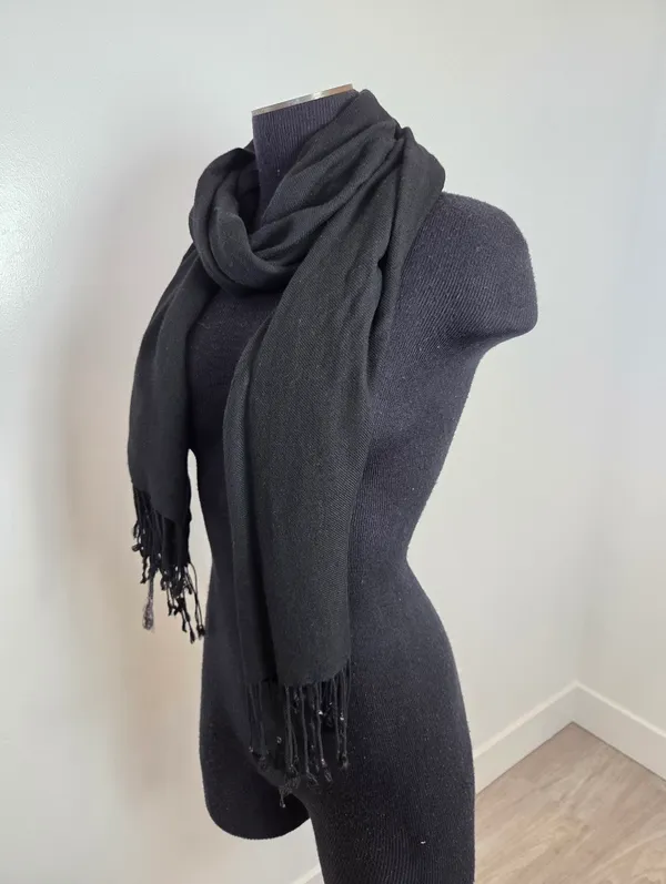 Black Fringe Trim Scarf Rectangle Classic Lightweight Academia Whimsigoth Unisex - Image 4