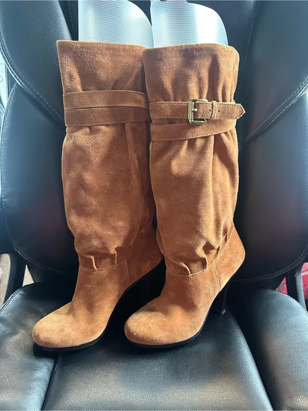 Michael Kors Cognac Suede Slouch buckle pull on knee high Boot heels - Image 2