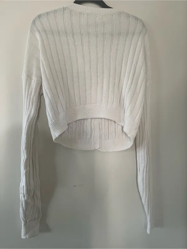 Hollister White Cable Knit Cropped Cardigan Small 100% Cotton Preppy Coastal - Image 6