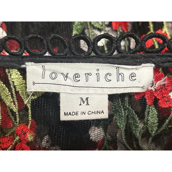 Loveriche Black Mesh Sheer Floral Embroidered Short Sleeve Peplum Blouse Top M - Image 4