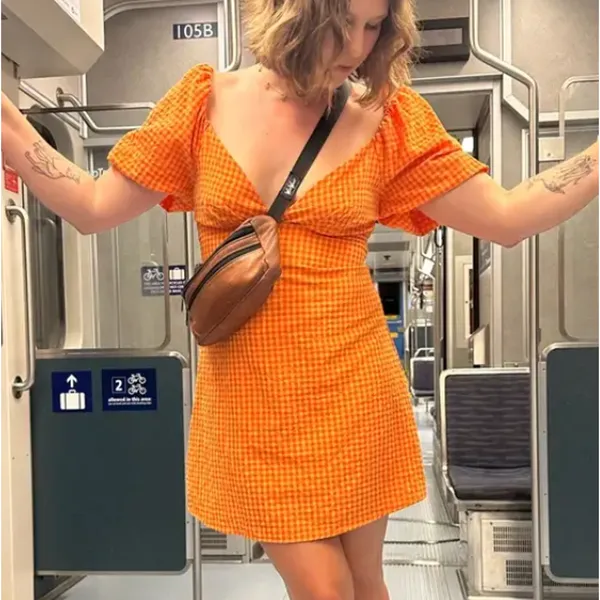 Louna Orange Gingham Mini Dress SMALL Peasant Puff Sleeve Milkmaid Cotton $108 - Image 9