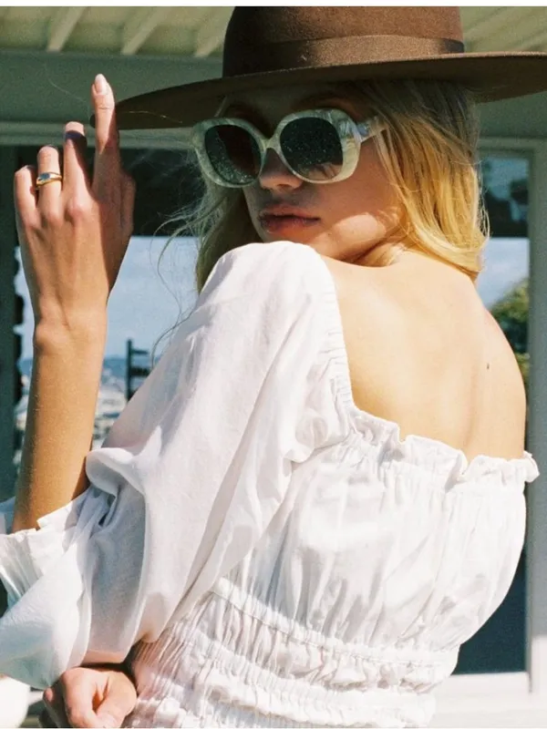 With Jean Fonda Top Long Sleeve Smocked Blouse White Small $219 - Image 6