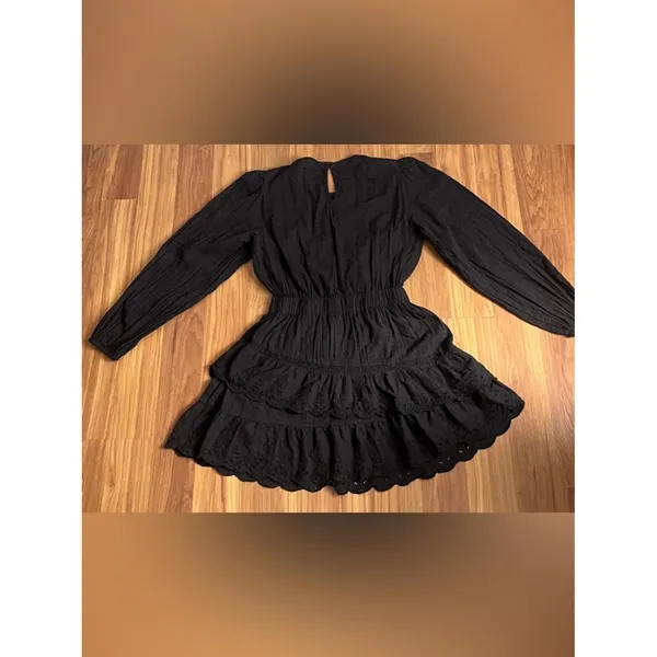 Zara Black Eyelet Embroidered Mini Dress Long Sleeve Tiered Lace LBD - Size M - Image 4