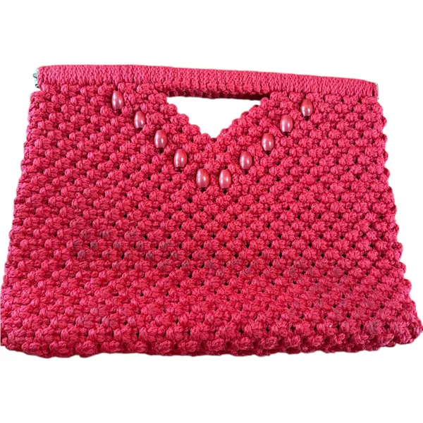 Vintage Red Crochet Frame Handbag 70s Boho Grandmacore Handmade Beaded - Image 2