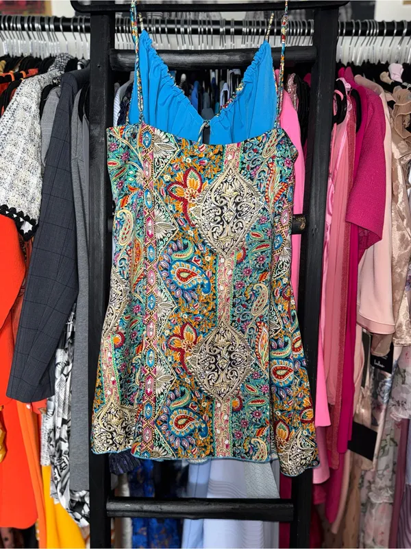 Superdown Fernanda Keyhole Blue Paisley Satin Mini Dress Women’s XL EUC - Image 14