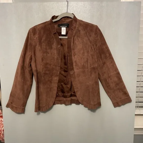 Jones New York Womens Jacket Brown Suede Leather Open Front Small - Image 4
