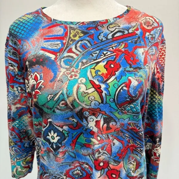 Chico’s Bold Boho All Over Floral Print 3/4 Sleeve Top Whimsical Dopamine M-L - Image 2