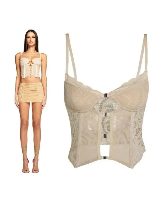 NWT I.AM.GIA Elena Top S Tan Ivory Lace Corset Sheer Crop Burnout Cut Out Velvet - Image 2