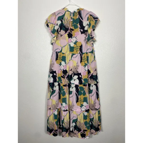pantsstore Floral Ruffle Maxi Dress Pom Pom Accents Pink Yellow Green Size S - Image 6