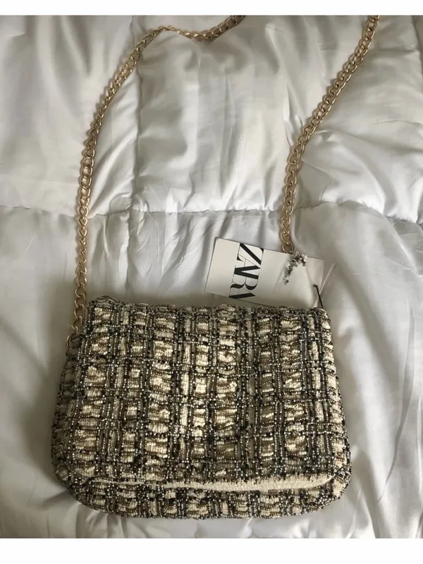 Zara NWT beaded embellished gold chain bag cream black & gold - Image 3