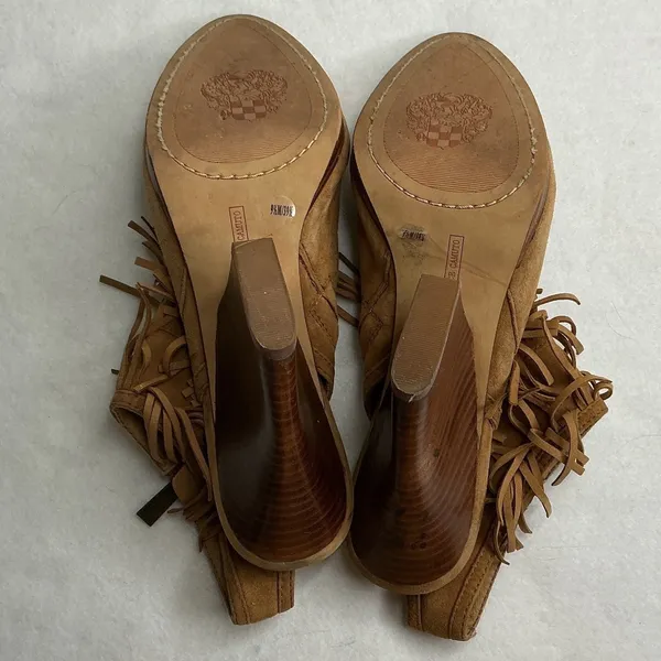 Vince Camuto Womens 9.5M Tan Suede Fringe Open Toe Wedge Ankle Booties - Image 7