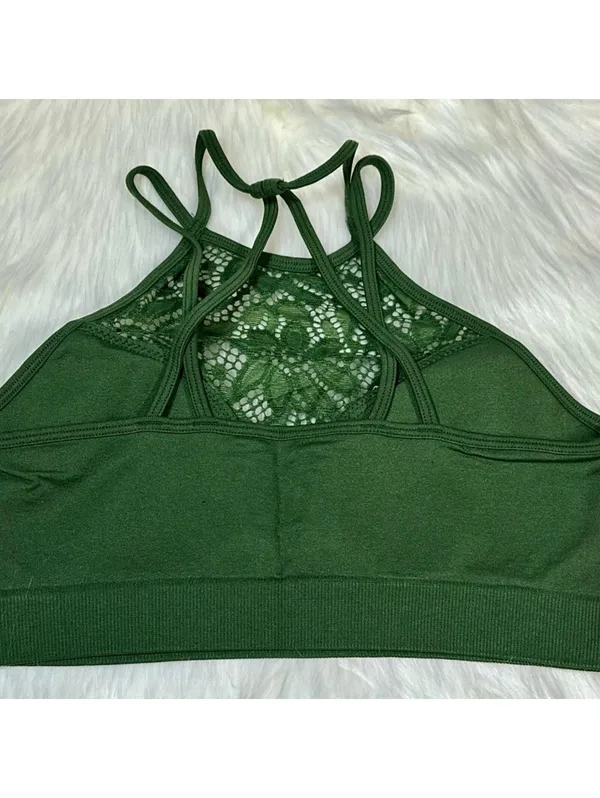 Zenana Outfitters Lace High Neck Bralette Crop Top Olive Green L XL - Image 3