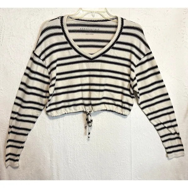 Aeropostale Striped Crop Top‎ Long Sleeve Drawstring Sweater Size S Preppy Y2K - Image 9