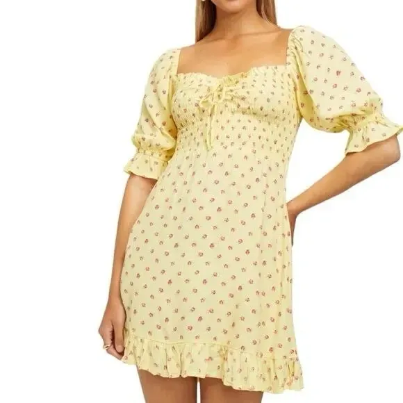 Faithfull the Brand Puff Sleeve Yellow Floral Sage Mini Dress Size Large - Image 3
