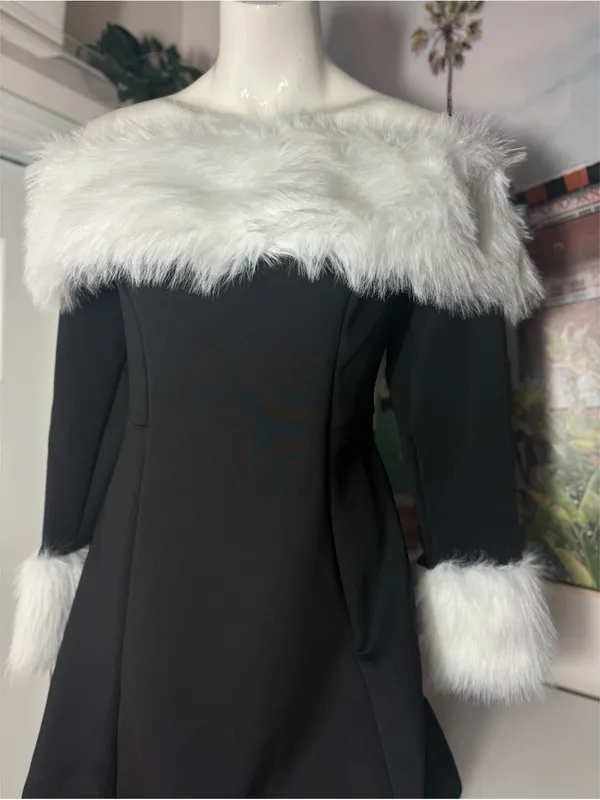 Womens Black Off Shoulder Faux Fur Trim Mini Dress Size XL Fit Flare Long Sleeve - Image 3