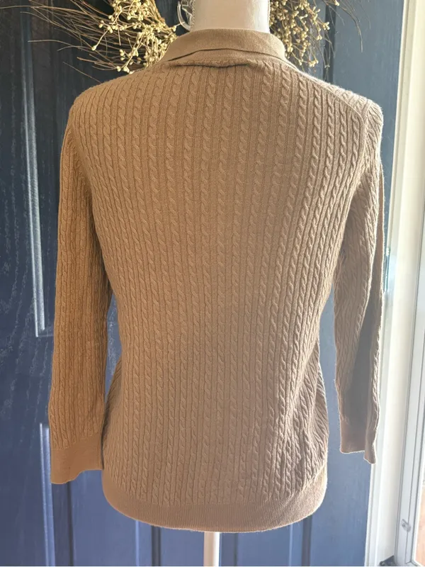 Brooks Brothers 346 Silk Cashmere Cable Knit Polo Sweater Tan M - Image 4