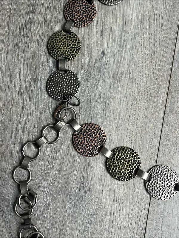Vintage Mixed Metal Textured Disc Link Chain Belt Boho Adjustable Statement - Image 4
