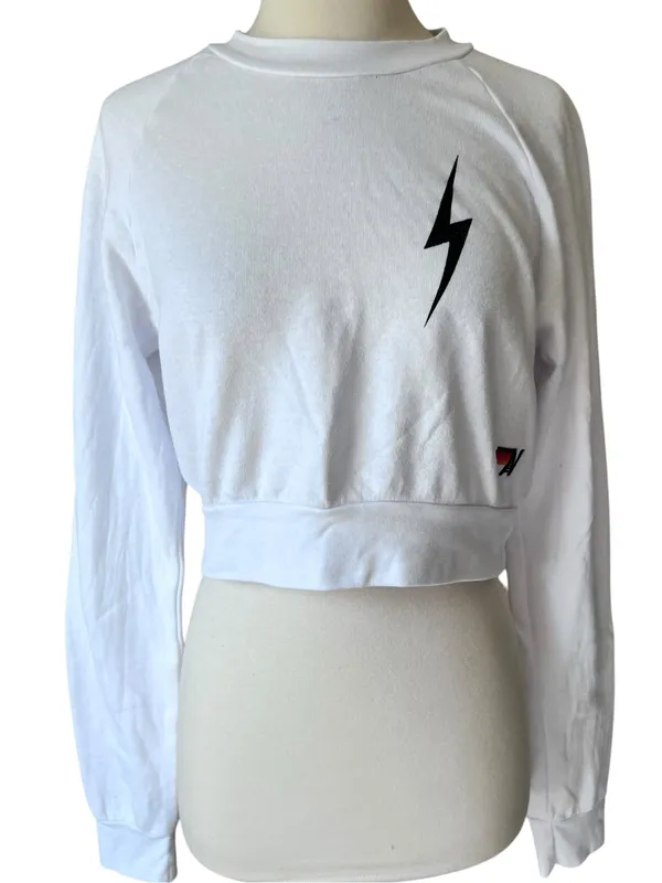Aviator Nation White Cropped Sweatshirt Small Lightning Bolt Raglan Pullover USA - Image 2