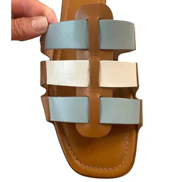 Tory Burch Ines Multi Strap Slides‎ Tan Blue White Leather Sandals 11 - Image 12
