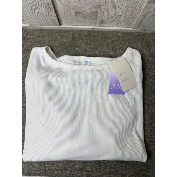 Stars Above Womens Ribbed Long Sleeve Pajama Lounge Top Soft White Size Small - Image 3