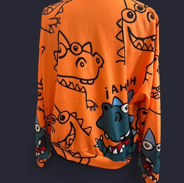 SheIn Neon orange sweatshirt with dinosaur designs size small - Image 4