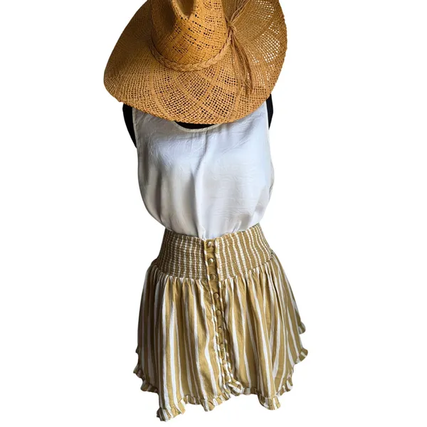 Anthropologie XS Smocked Mini Skirt Mustard Stripe Boho Beach Cover Up Pockets - Image 2