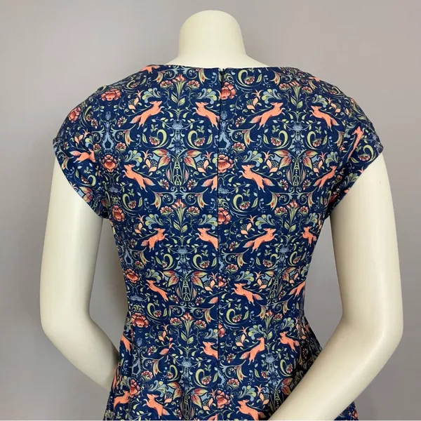 Pink Martini Dress Fox Print Blue Floral A-Line Lined‎ Small Women Cap Sleeves - Image 8