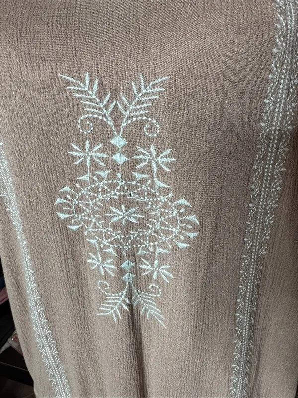 Kori America Embroidered Boho Mini Dress Taupe Aqua Tassels Size Medium - Image 4