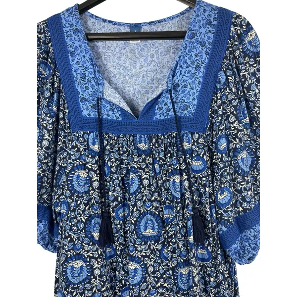 Old Navy Blue Boho Peasant Dress Women L Floral Tassel Cottagecore Festival - Image 5