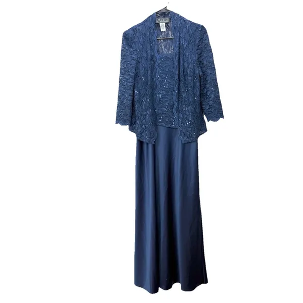 Alex Evenings Navy Blue Lace‎ Glitter Two Piece Jacket Sleeveless Satin Dress 6 - Image 3