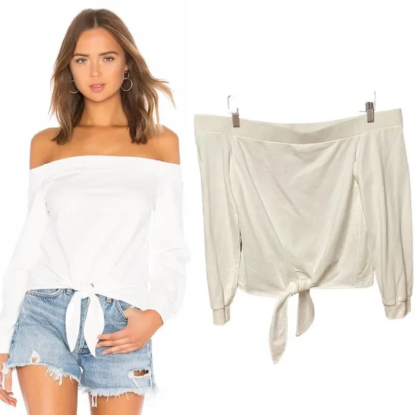 By the Way. Off the Shoulder Tie Front Sweatshirt‎ in White Size Small - Image 2
