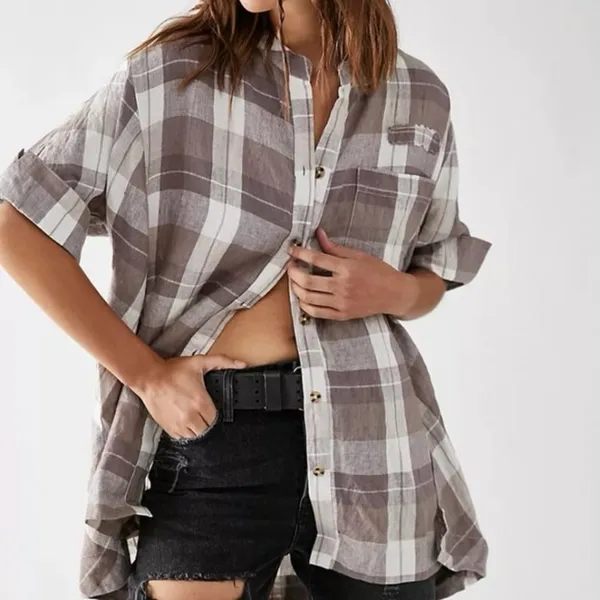 We The Free People button down tunic shirt plaid Summer Serenade Linen Top loose - Image 8