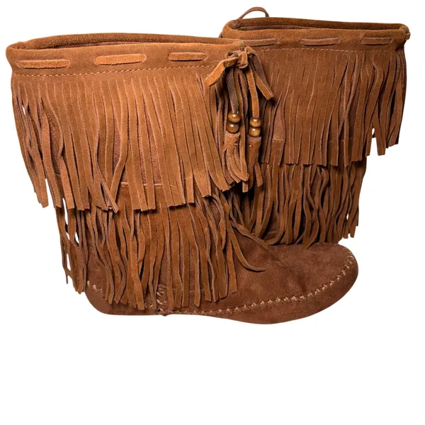 Mossimo Brown Suede Leather Fringe Moccasin Boots Womens 9 Faux Fur Lined Boho - Image 11