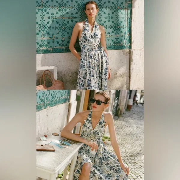 NWT Tuckernuck Lena Midi Dress Size 6 Blue White Floral Belted - Image 4