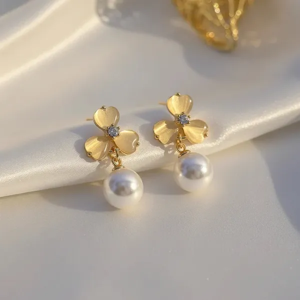 Gold Floral Pearl Drop Earrings - Image 2