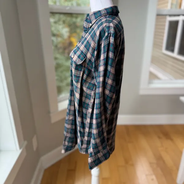 Vintage Lands End Tan Green Purple Plaid Wool Cotton Button Down Flannel Shirt M - Image 3
