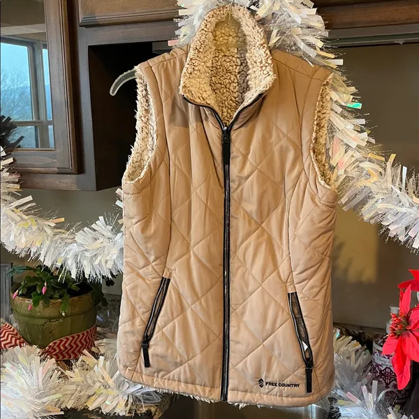 Puffer Vest Tan Reversible Frosted Sherpa Zip Ski Jacket Womens S Free Country - Image 4