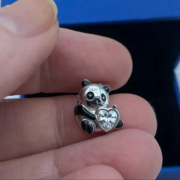 Panda Bear Sterling Silver CZ Heart Stud Earrings Silver - Image 4