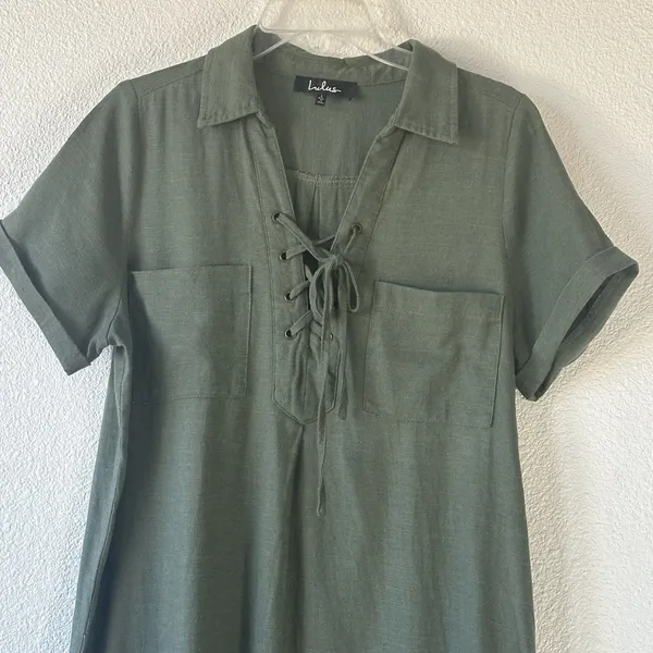Lulu’s Olive Green Lace-Up Utility Mini Shirt Dress Short Sleeve Size Large - Image 2