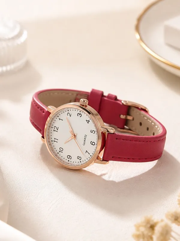 Women's Red Leather Strap Quartz Watch Pink - Image 3