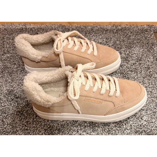 Sam Edelman Wess Cozy Suede Faux Shearling Sneakers Sesame Tan Beige 8.5M - Image 2
