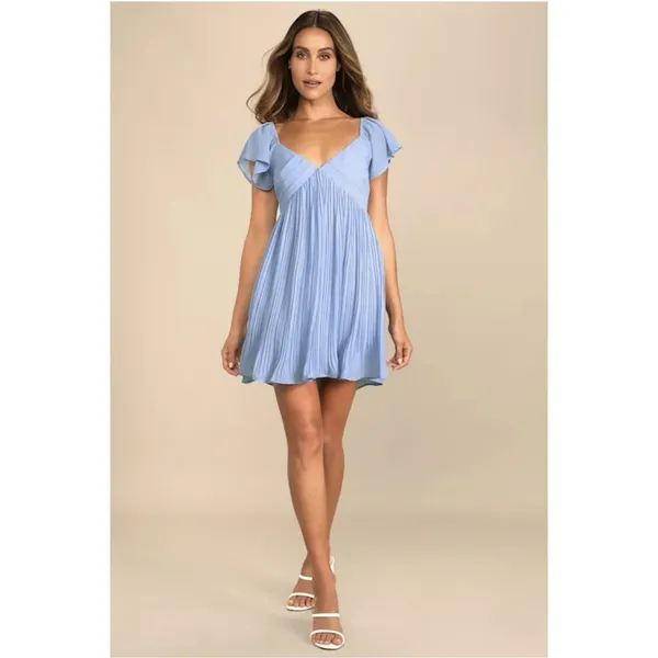 Lulus Amalfi Coast Light Blue Pleated Flutter Sleeve Mini Dress XL Coquette - Image 2