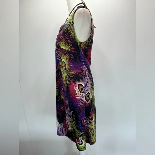 Peacock Feather Shift Dress with Embellished Neckline Sleeveless Size Medium - Image 7