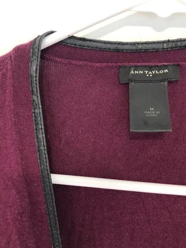 ANN TAYLOR Plum Purple Vegan Faux Leather Trim Button Down Cardigan Sweater M - Image 7