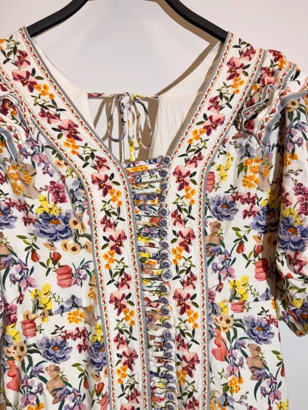 Farm Rio Greek Garden Floral Linen Blend Ruffle Tie Back Mini Dress Size M - Image 12