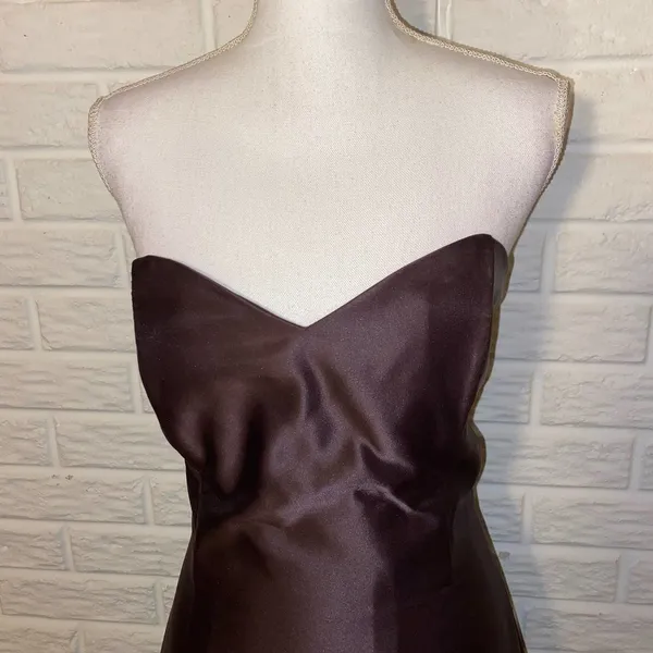 Vintage 90s Jessica McClintock Sweetheart Strapless Satin Gown, Chocolate Brown - Image 5