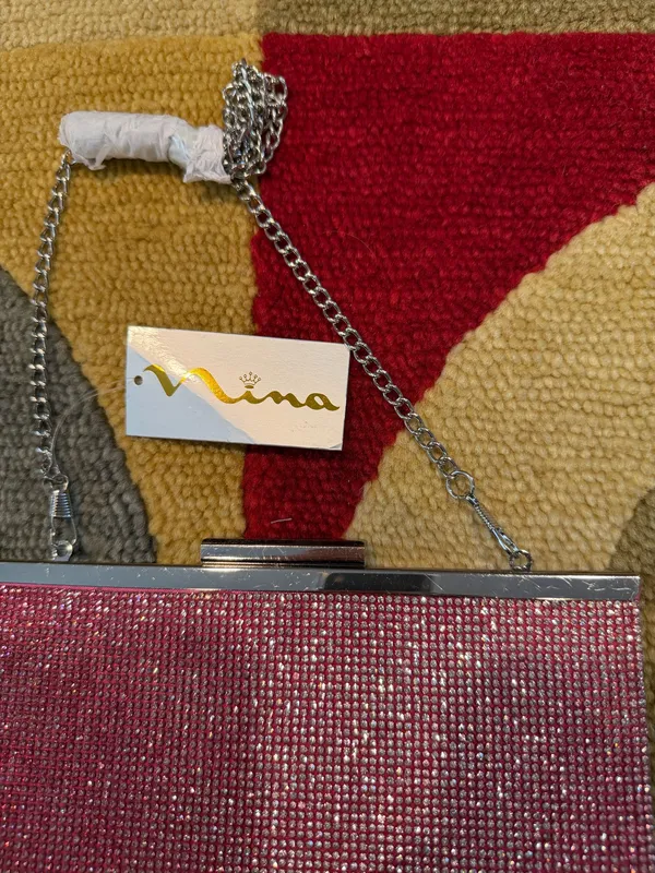 NWT Nina Pink Glitter Small Evening Purse Bag Formal Black Tie Metal Chain - Image 3