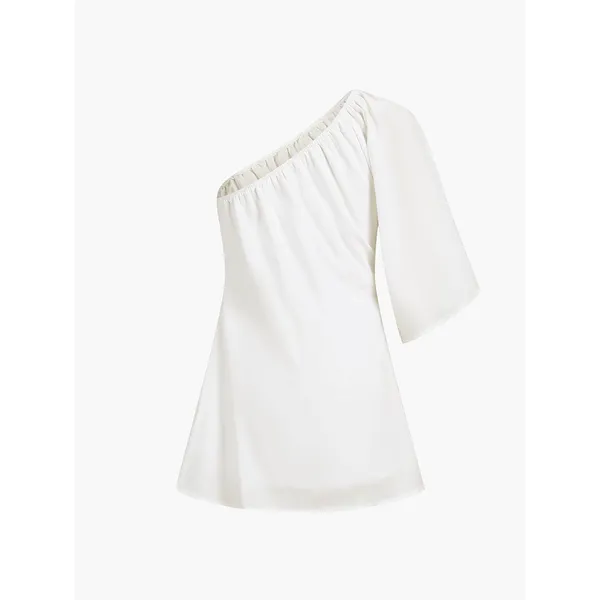 Commense Aegean Cotton Linen Minimalist Resort One Sleeve Short Dress White M - Image 6
