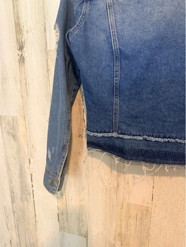 Sneak Peek Women’s Small Distressed Denim Jacket Raw Hem Patchwork Jean Jacket Blue - Image 10